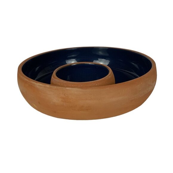 Cabin Fever Chip & Dip Platter Glazed Blue Interior Terracotta Exterior Made In - Picture 9 of 9